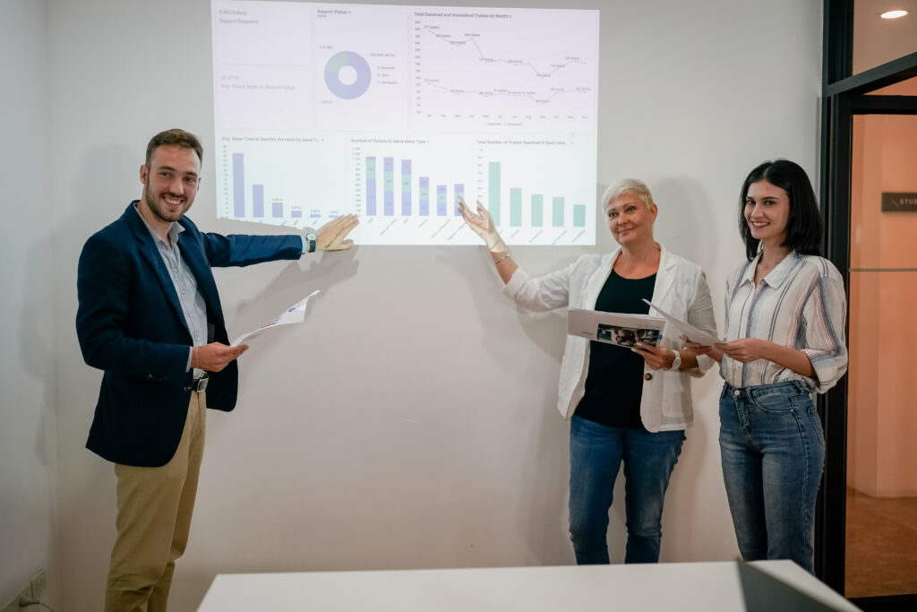 Equipo de gestores presentando métricas en proyector